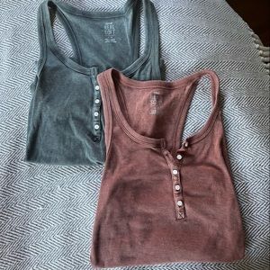 SET OF 2 Aerie “REAL SOFT” Ribbed Racerback Henley Tank Tops